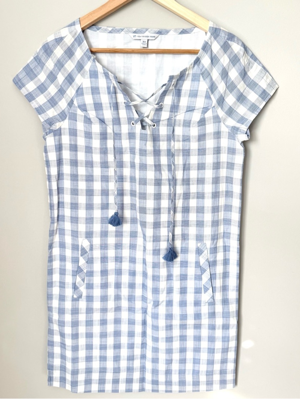 Southern Tide Blue and White Gingham Lace-Up Mini Dress